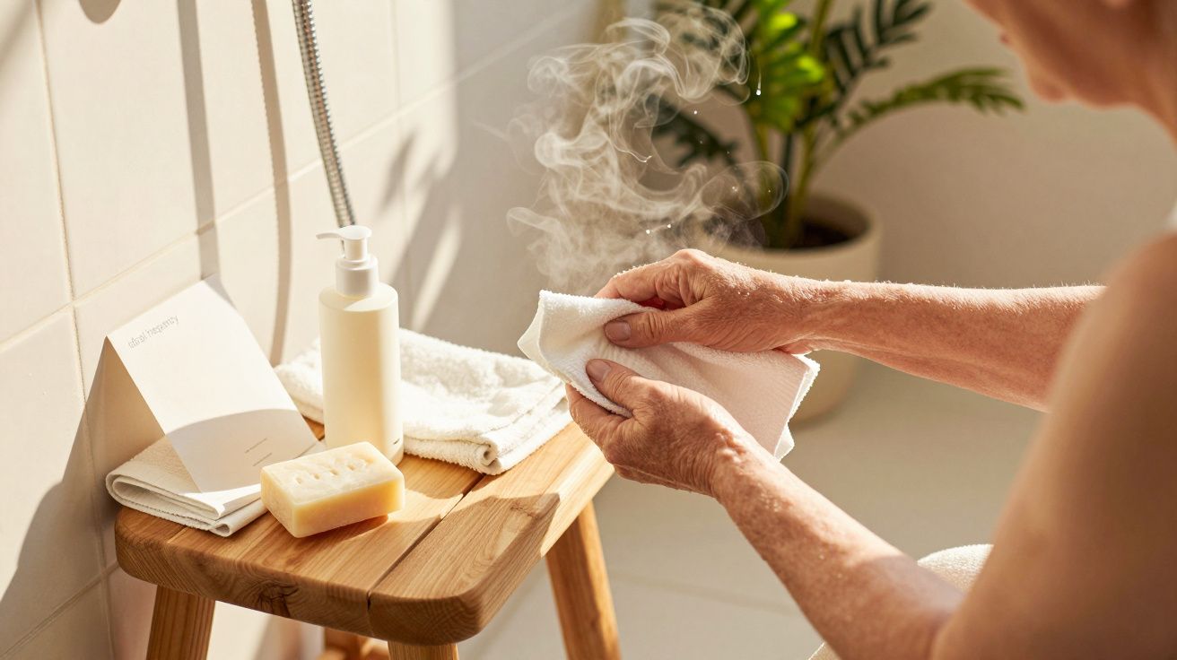 Pessoa a preparar toalha quente no banheiro com sabão e loção sobre banco de madeira.
