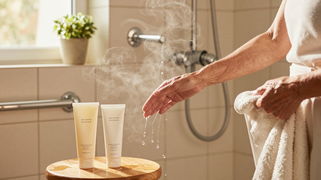 Mão a verificar temperatura da água a escorrer numa casa de banho, com frascos de creme sobre um banco de madeira.