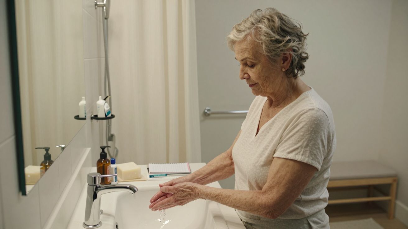 Mulher idosa lava as mãos no lavatório de uma casa de banho moderna, com toalhas e frascos de higiene ao redor.
