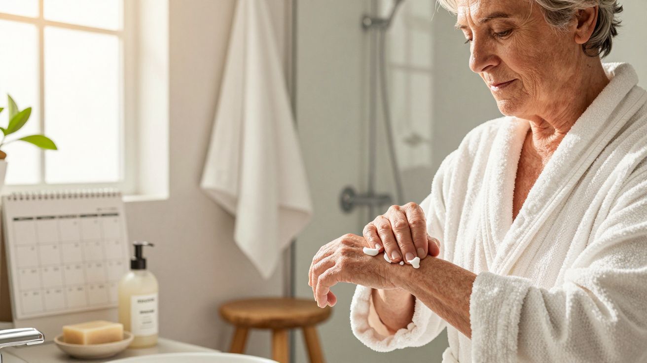 Mulher idosa de roupão branco aplica creme nas mãos numa casa de banho bem iluminada.
