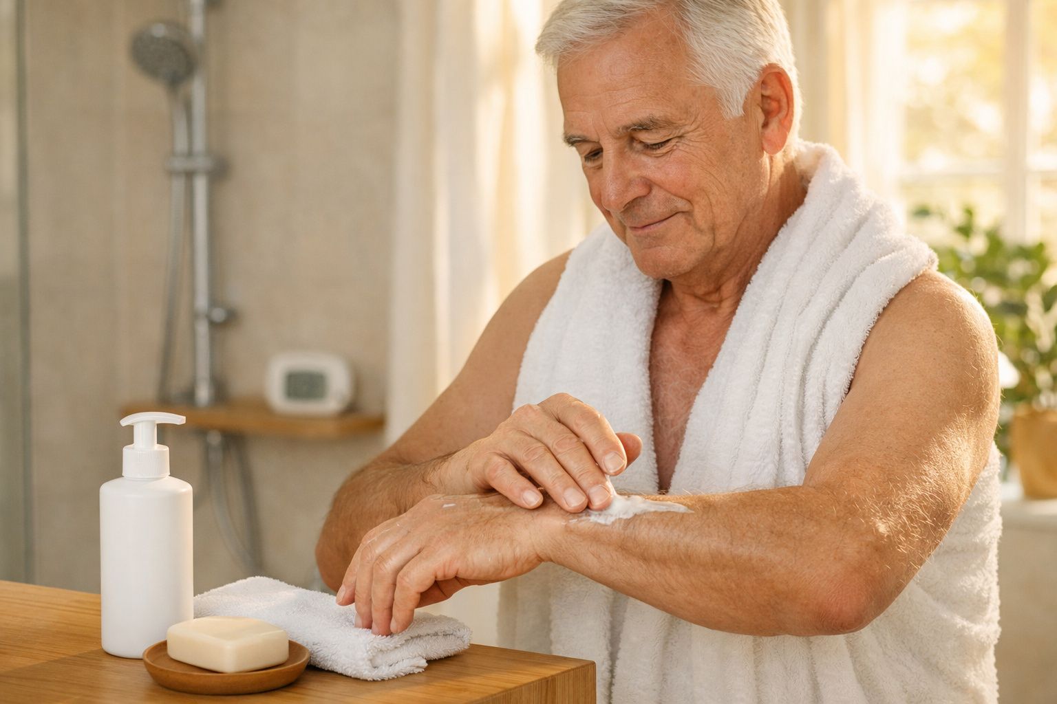 Mulher a aplicar creme nos braços numa casa de banho iluminada pelo sol, com toalha e frascos na bancada.
