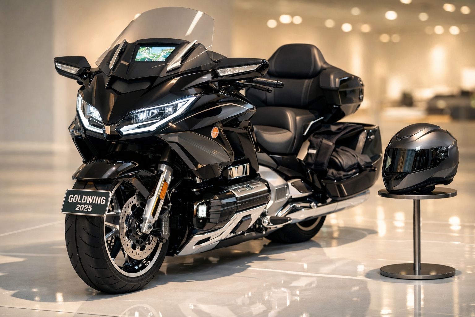 Motocicleta de turismo vermelha em exposição num showroom moderno com capacetes e acessórios ao fundo.