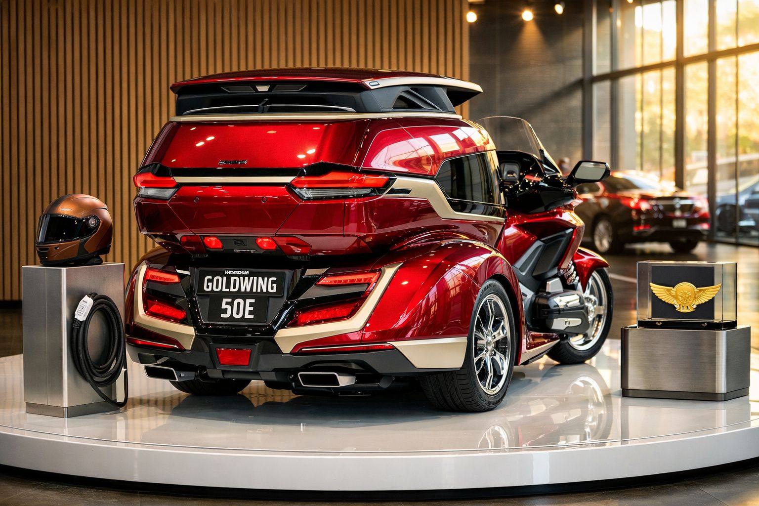 Motocicleta branca futurista em exposição, com design único e compartimento traseiro aberto numa sala moderna.
