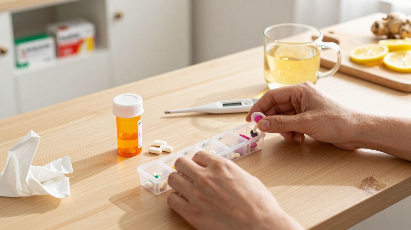 Mão organiza comprimidos numa caixa de medicação sobre uma mesa com termómetro, lenços e chá com limão.