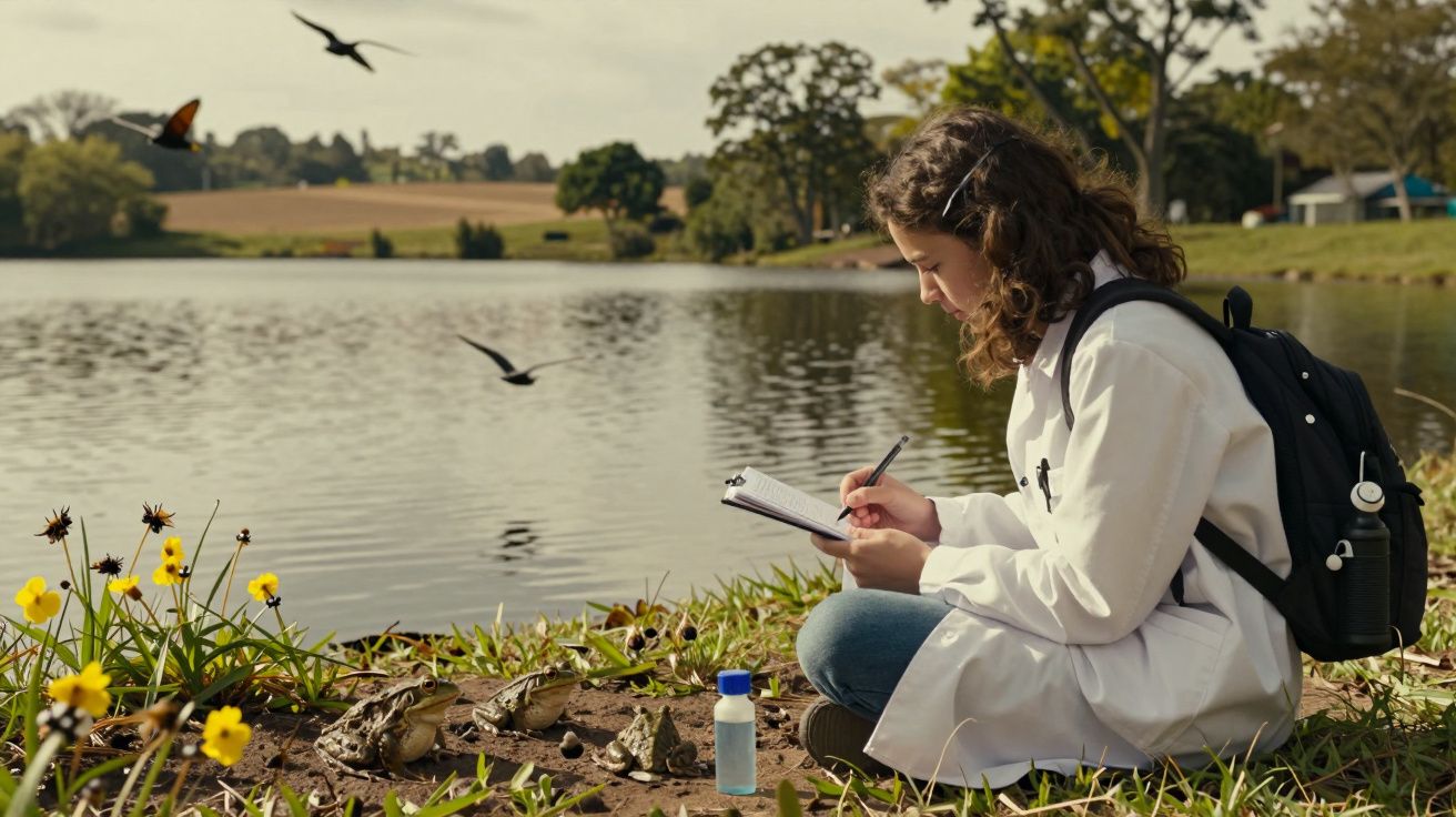 Mulher de bata branca escreve em caderno junto a um lago com flores, pássaros e frascos de amostra.