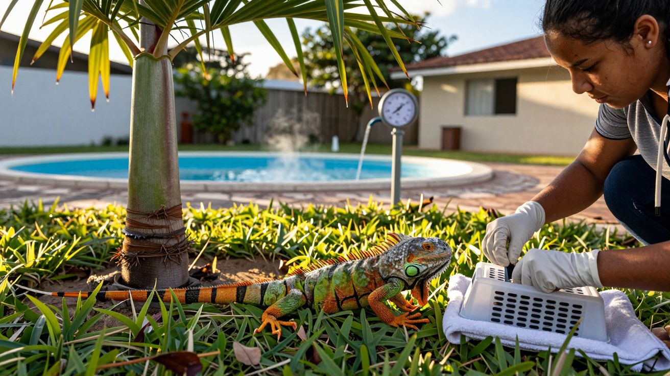 Mulher cuida de iguana ao lado de uma piscina em jardim, com luvas brancas e caixa de transporte nas mãos.