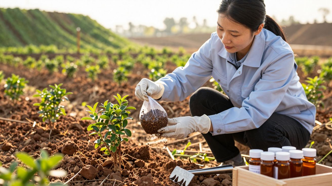 Mulher fertiliza planta em campo agrícola, segurando saco de fertilizante, com terra e caixas de amostras ao redor.