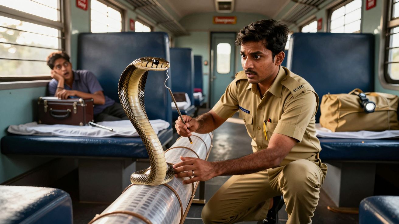 Polícia tenta capturar cobra num comboio enquanto passageira observa preocupada.