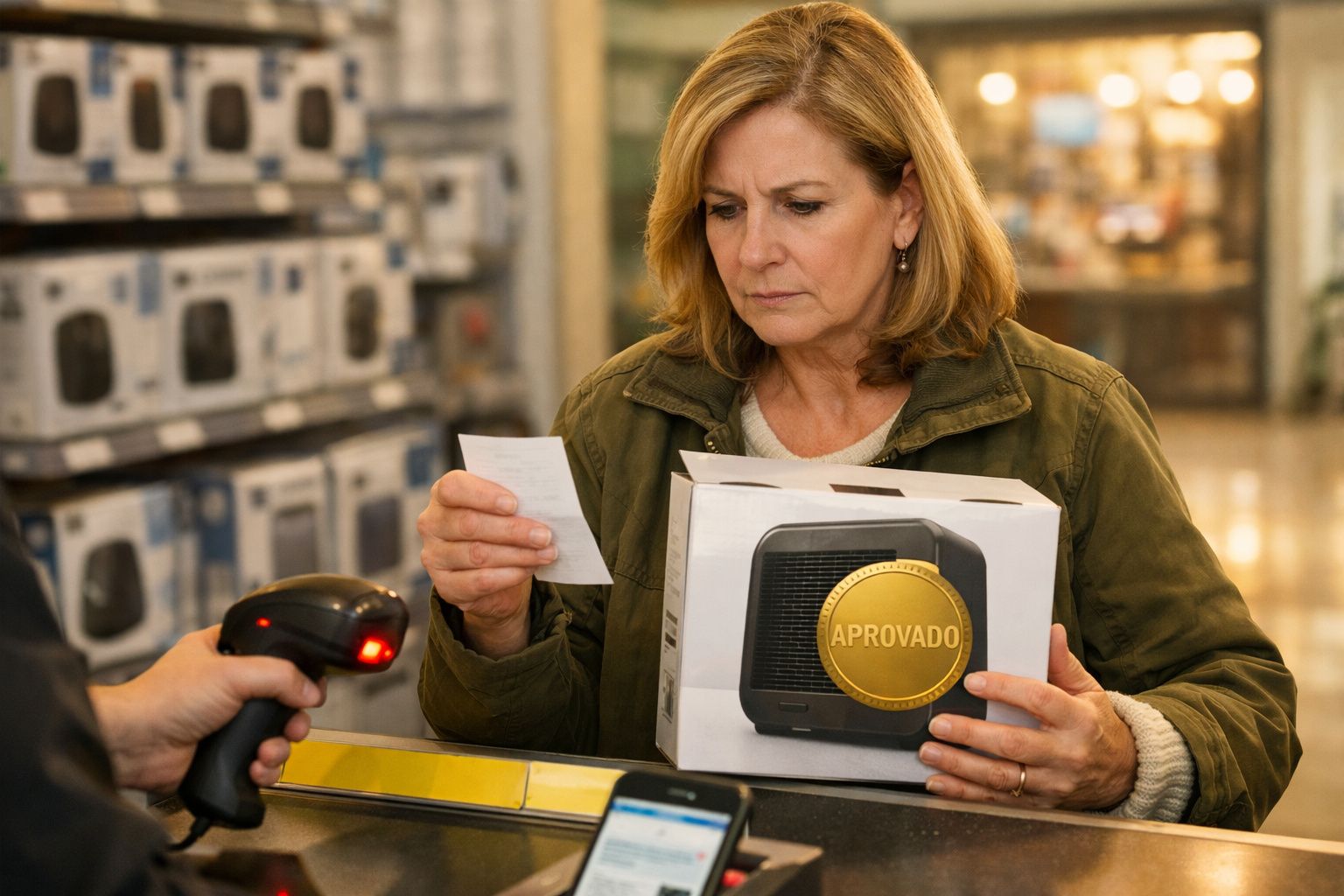 Mulher segurando caixa de gadget, à frente de um monitor numa loja com prateleiras e sinal de promoção ao fundo.
