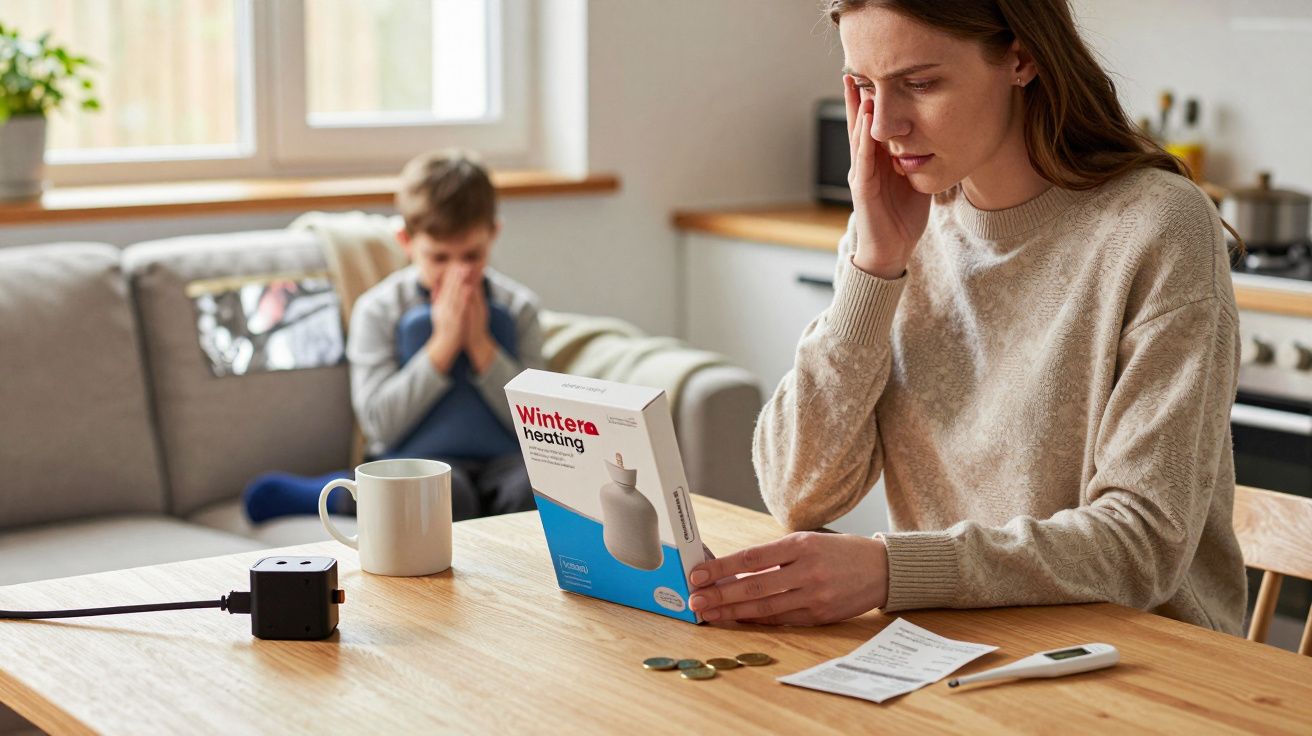 Mulher preocupada observa conta de eletricidade. Criança sentada no sofá ao fundo. Termómetro e moedas sobre a mesa.