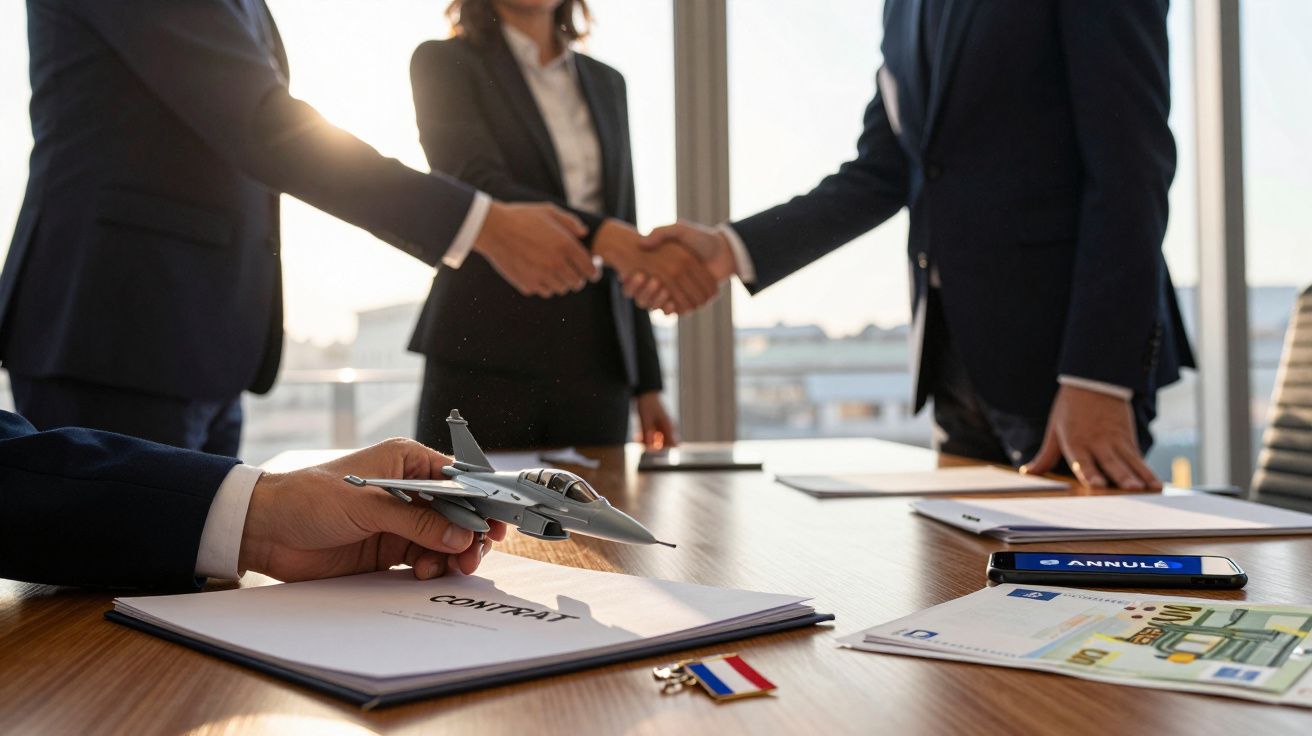 Duas pessoas a apertar as mãos em reunião, com modelo de avião em primeiro plano sobre documentos numa mesa.