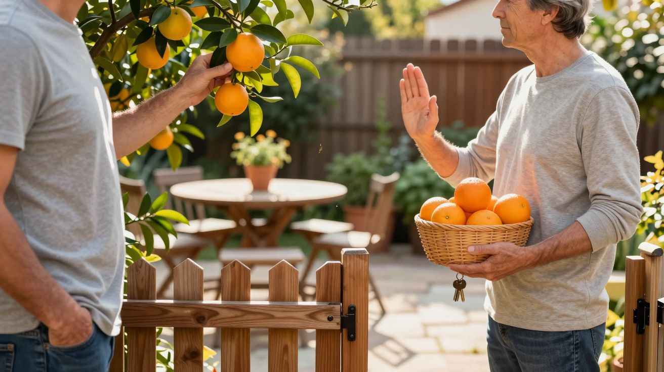 Homem com cesta de laranjas levanta a mão para outro homem à frente de um portão de madeira no jardim.