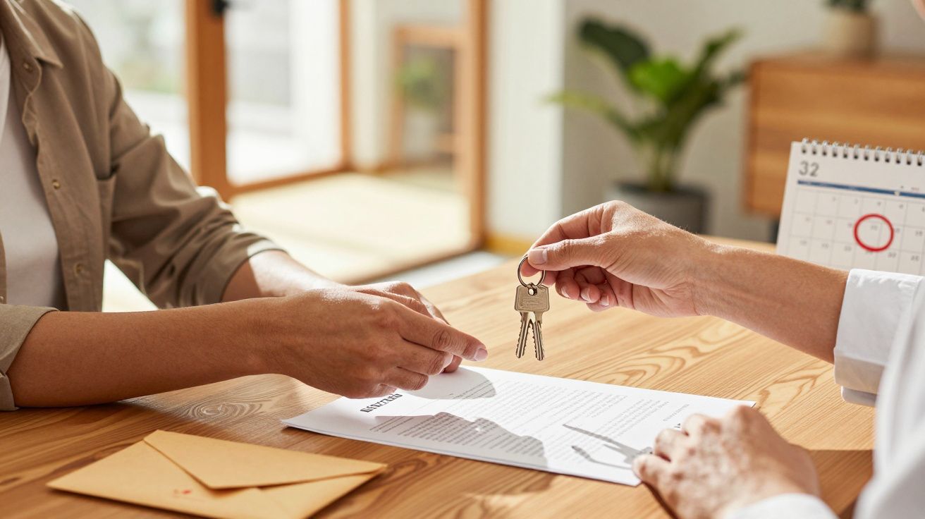 Pessoa a entregar chaves a outra sobre uma mesa com documentos, envelope e calendário.