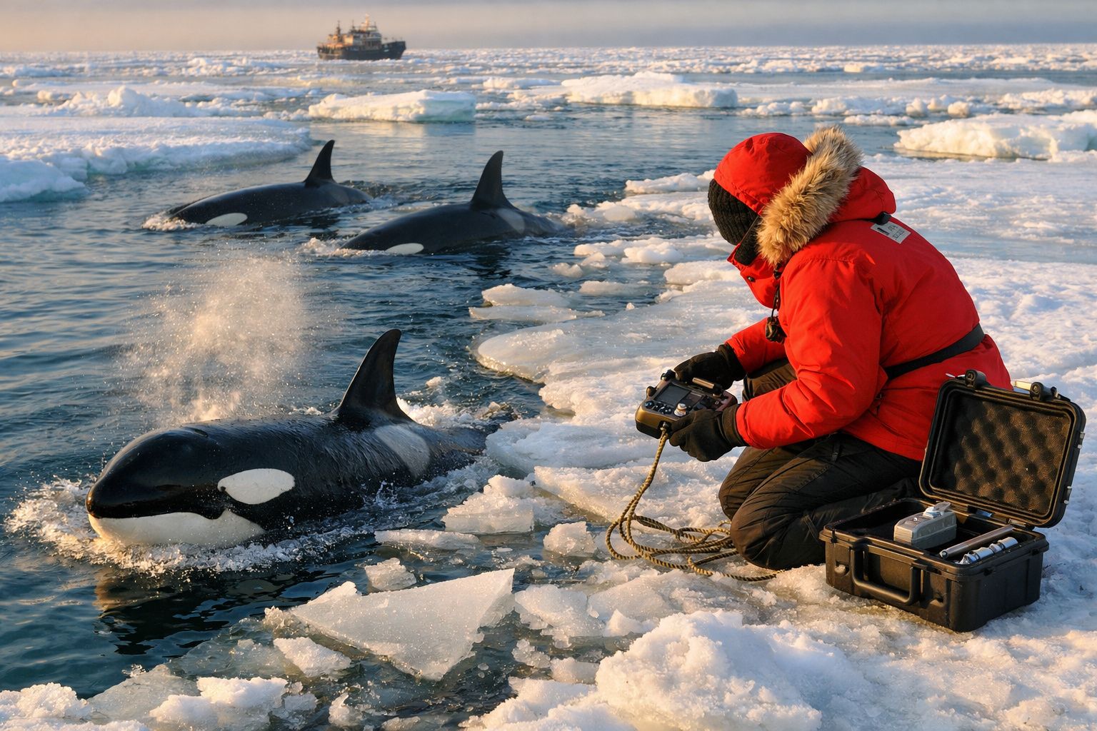 Homem fotografa orca junto ao gelo ártico, com barco ao fundo.