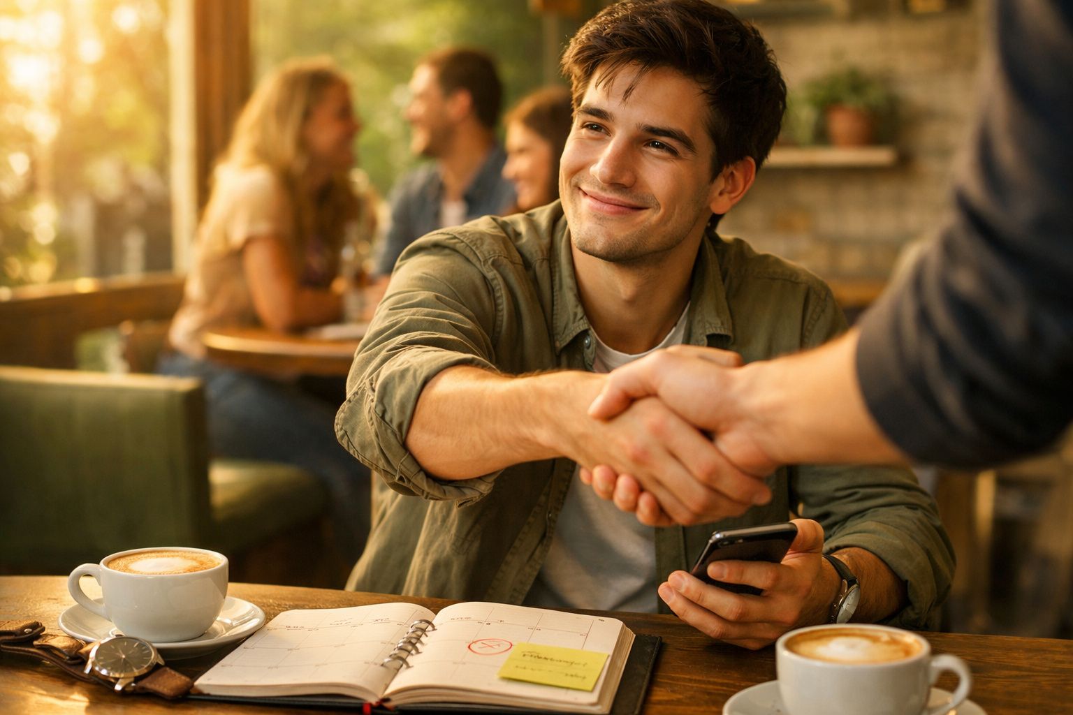 Homem a servir chá em mesa de madeira com bolos, relógio, livros e telemóvel numa cozinha iluminada.