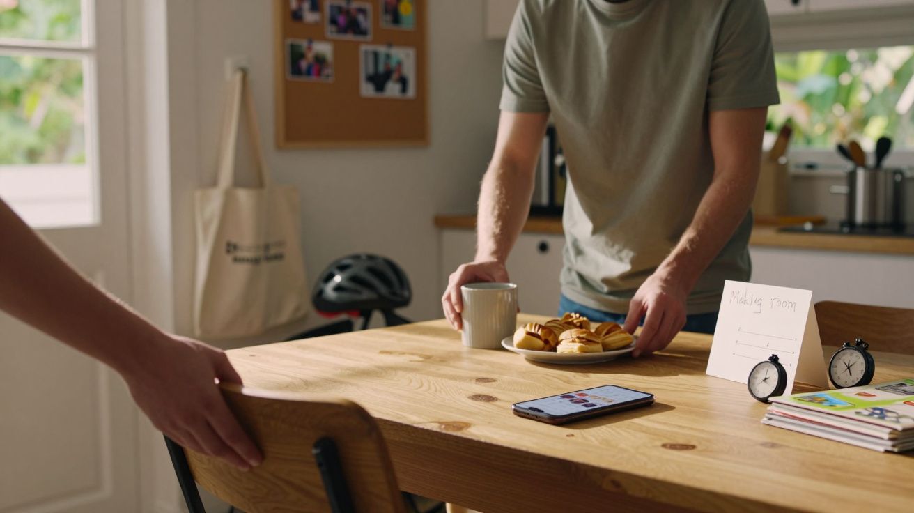 Pessoa a servir chá e bolos numa mesa com relógio, documentos e telemóvel numa cozinha iluminada.