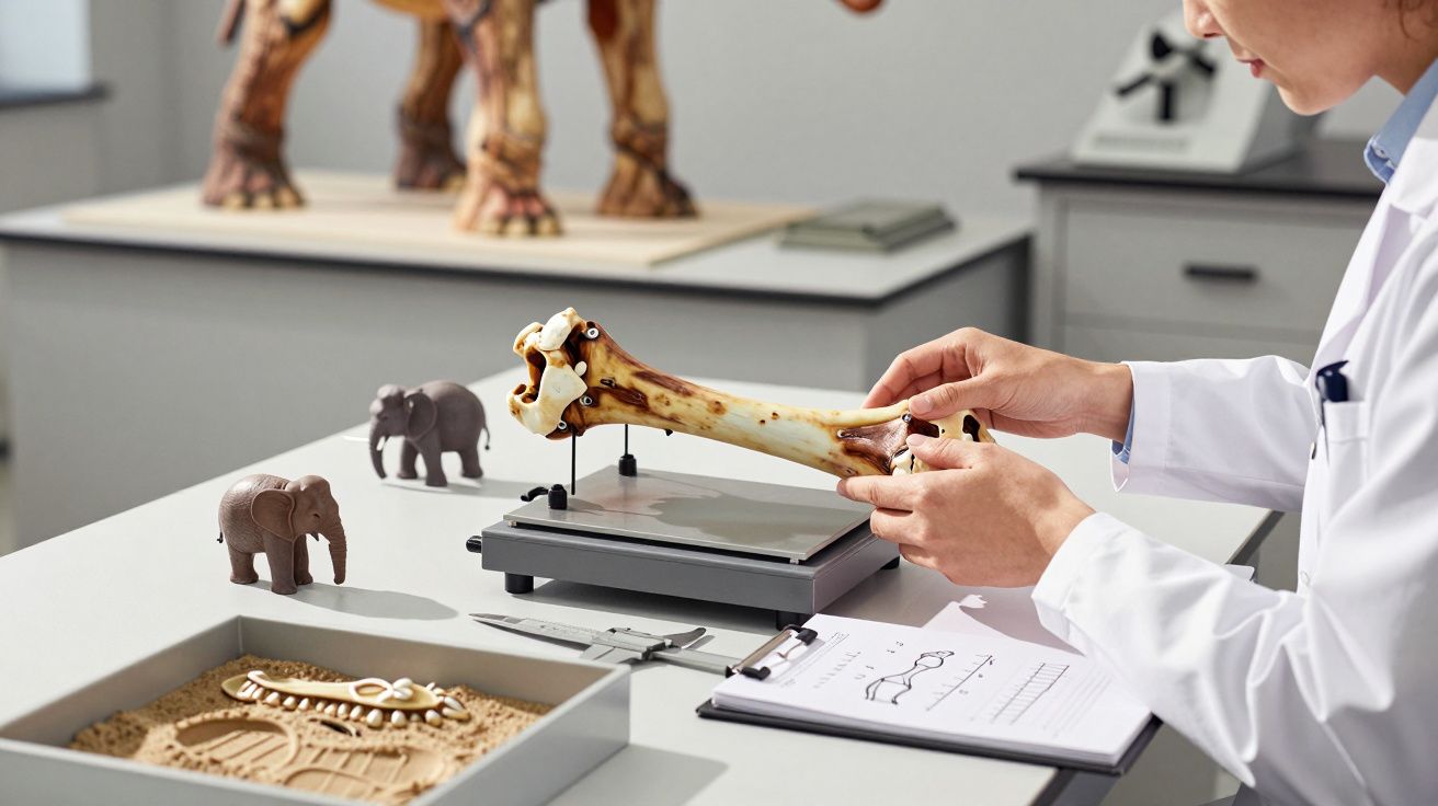 Pessoa analisa osso simulado de elefante em laboratório, com modelos de elefantes e fóssil na mesa.