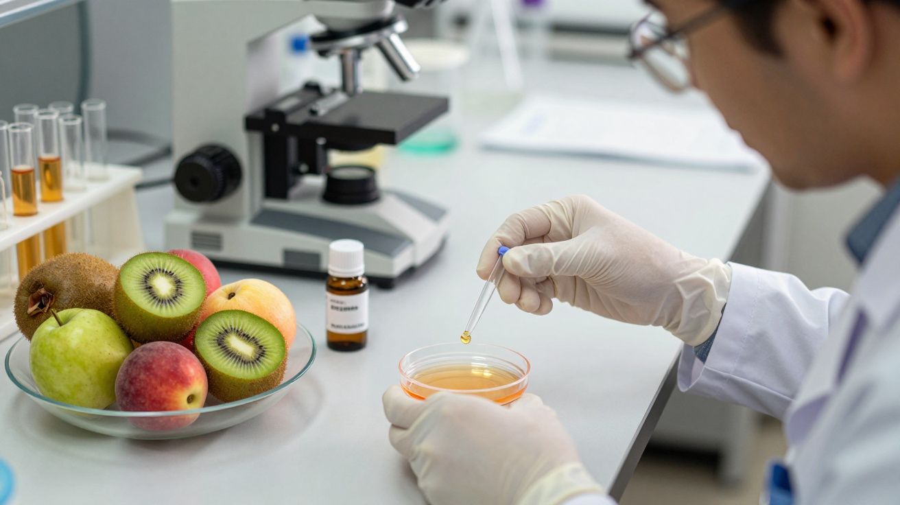 Cientista analisa fruta numa placa de Petri num laboratório, com frutas e microscópio ao fundo.