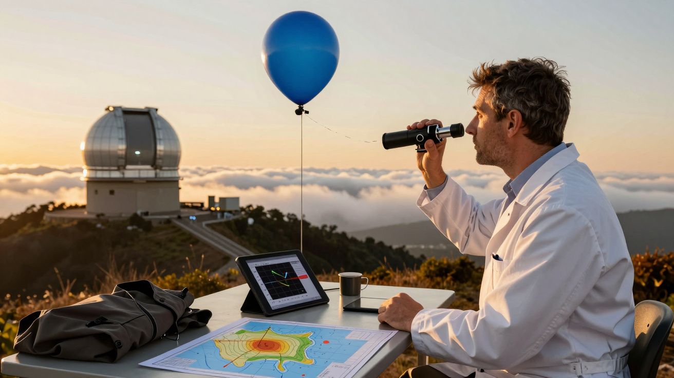 Cientista observa céu com telescópio portátil, ao lado de balão, mapa e tablet, perto de observatório ao pôr do sol.