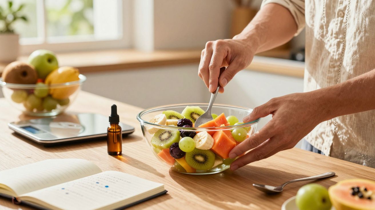 Pessoa prepara salada de frutas na cozinha, com livro, balança e frasco ao lado na bancada de madeira.