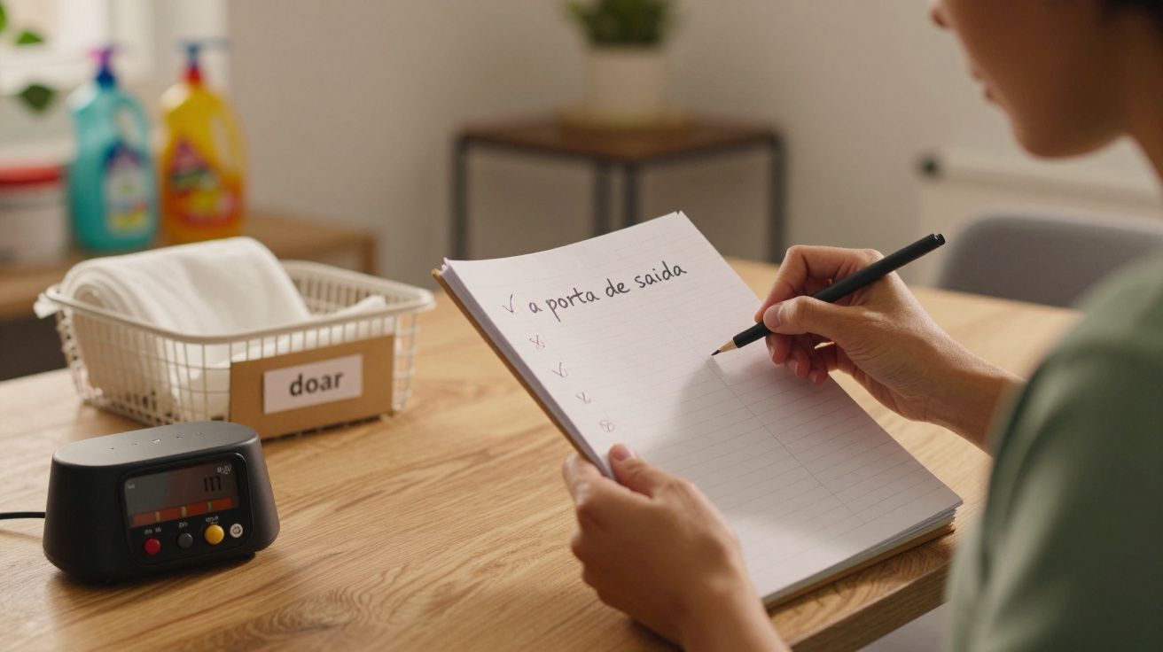 Pessoa escreve lista de tarefas num caderno em mesa de madeira, ao lado de cesto com roupas e um relógio preto.