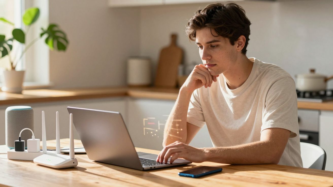 Jovem a trabalhar num portátil em cozinha iluminada, rodeado por dispositivos tecnológicos.