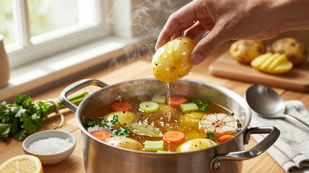 Mão colocando batata em panela de sopa a ferver com legumes, folhas de louro e alho.