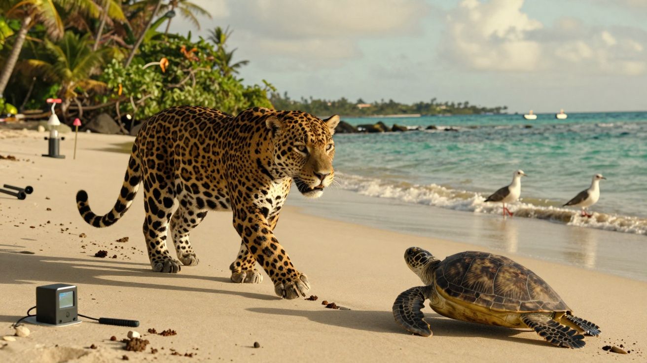 Leopardo a caminhar em direção a uma tartaruga numa praia tropical, com gaivotas ao fundo e palmeiras.