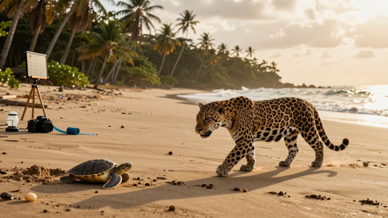 Leopardo observa tartaruga numa praia, com equipamento fotográfico ao fundo.