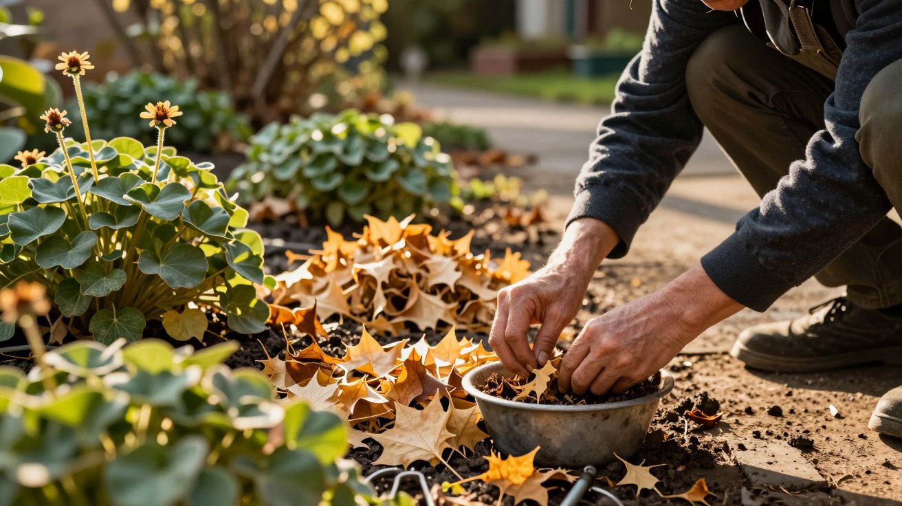 Pessoa a plantar num jardim com folhas de outono, segurando um recipiente de metal ao lado de plantas verdes.