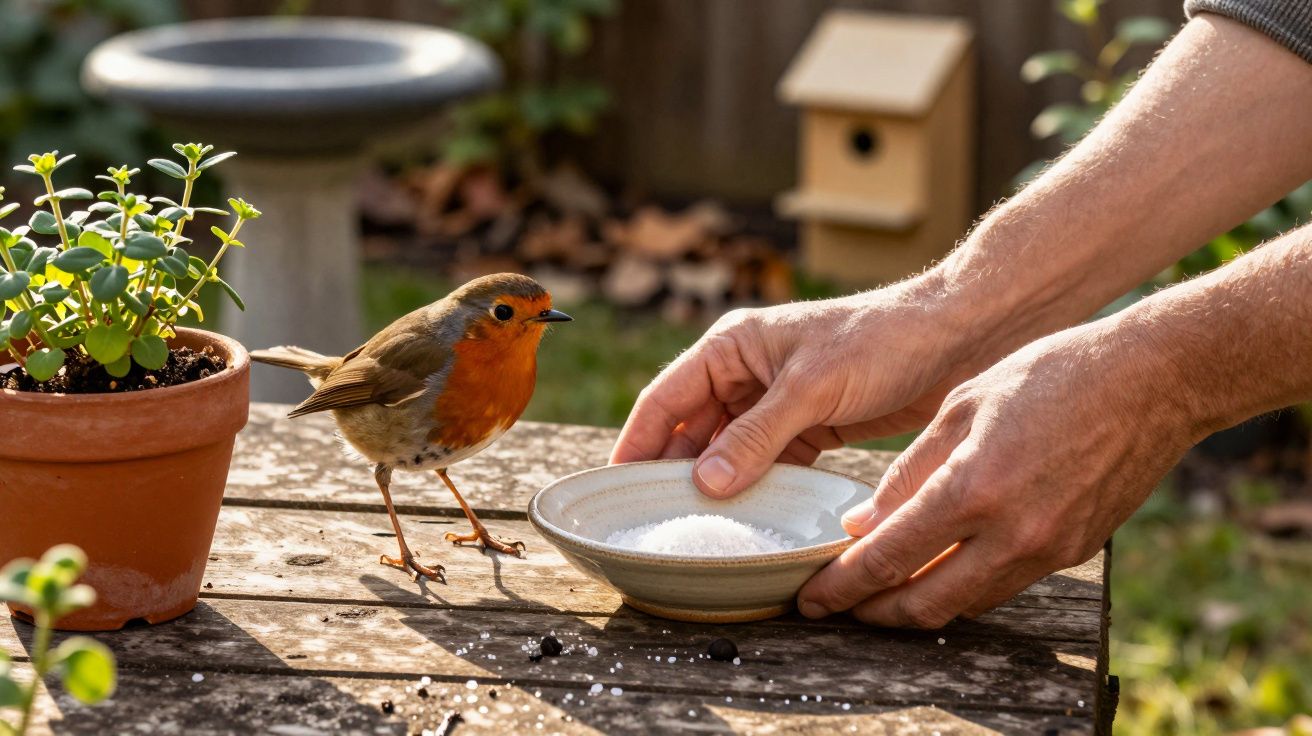 Mãos colocam tigela com comida numa mesa de madeira, ao lado de um pisco-de-peito-ruivo junto a uma plantinha em vaso.