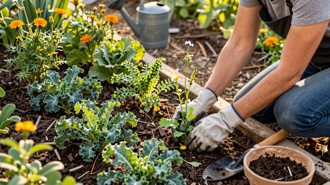 Pessoa a jardinar, usando luvas, planta vegetais e flores num canteiro, com regador ao fundo.