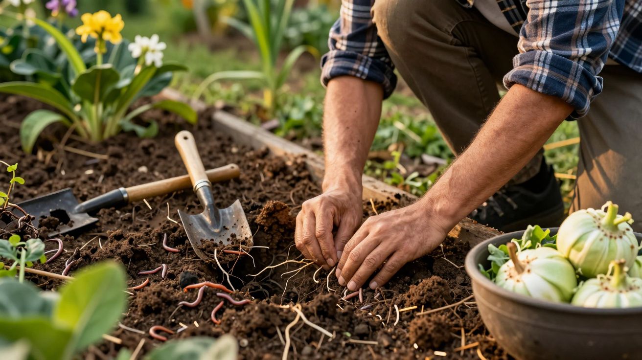Pessoa a plantar num jardim, rodeada de flores e ferramentas de jardinagem, com uma tigela ao lado.