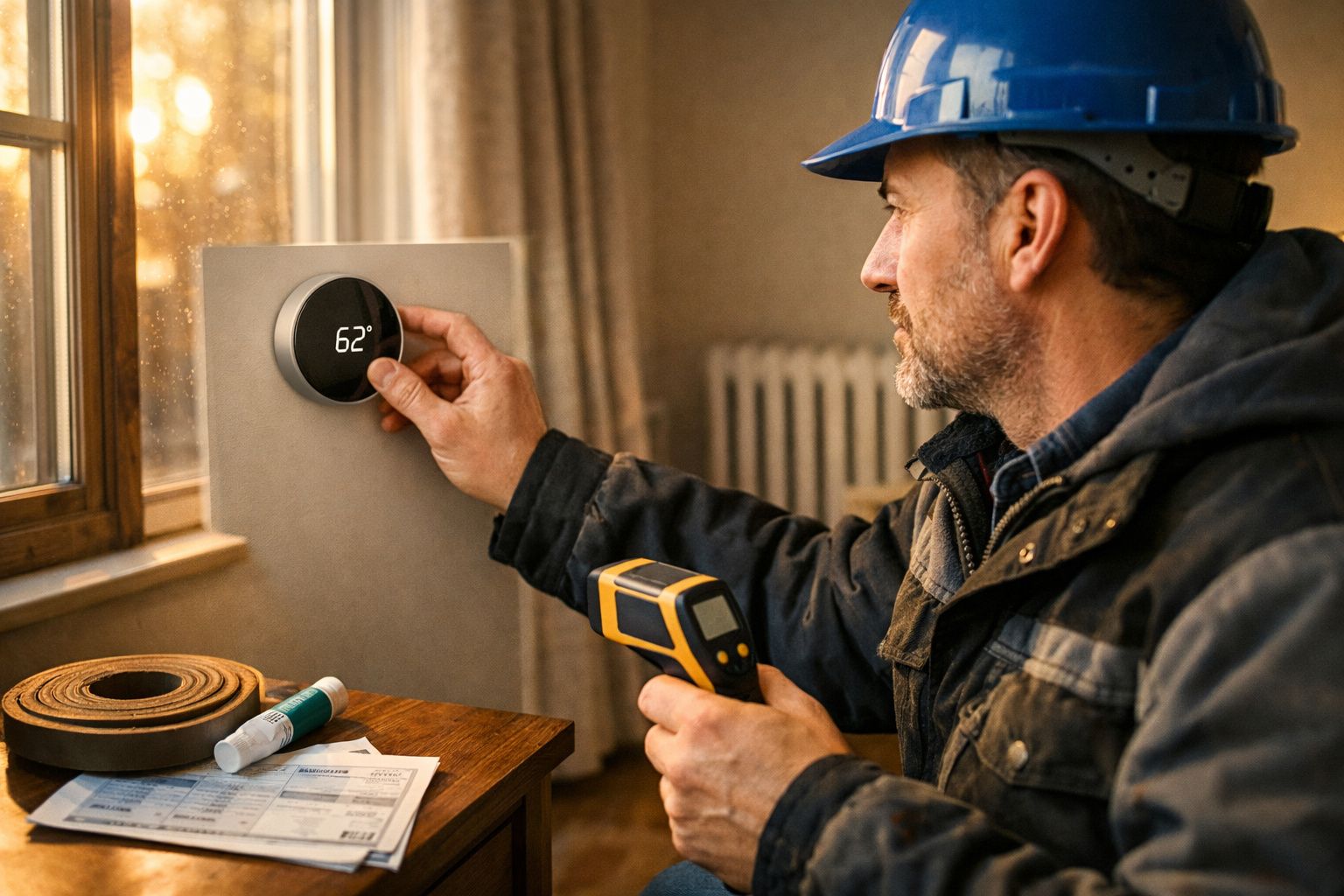 Homem ajusta termostato em parede enquanto segura prancha com lista. Ferramentas visíveis no fundo.