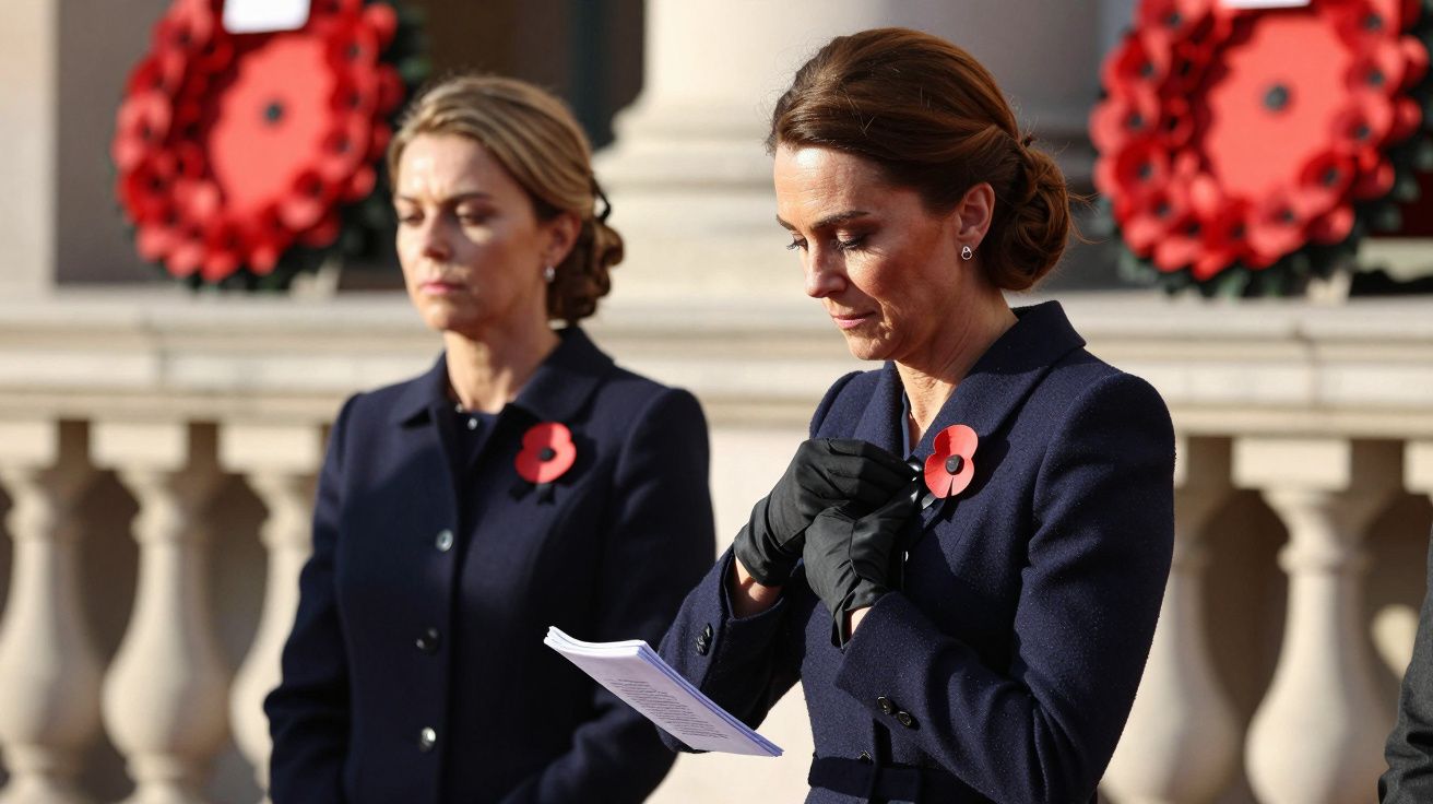 Duas mulheres em cerimónia, vestindo casacos escuros com papoilas vermelhas, segurando papéis e olhando para baixo.
