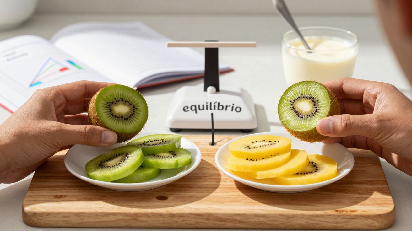 Mãos seguram kiwis verde e amarelo sobre pratos, com balança escrita "equilíbrio" ao fundo.