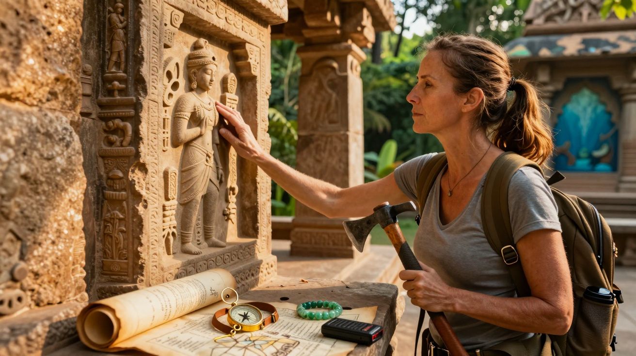 Mulher explora templo antigo com mapa, machado e bússola na mesa. Ela toca uma escultura entalhada na parede.