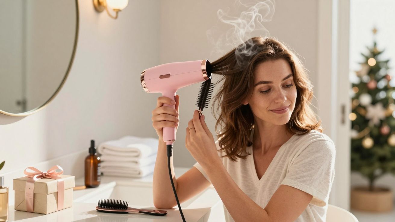 Mulher usando secador de cabelo rosa e escova em casa de banho bem iluminada, com toalhas e árvore de Natal ao fundo.