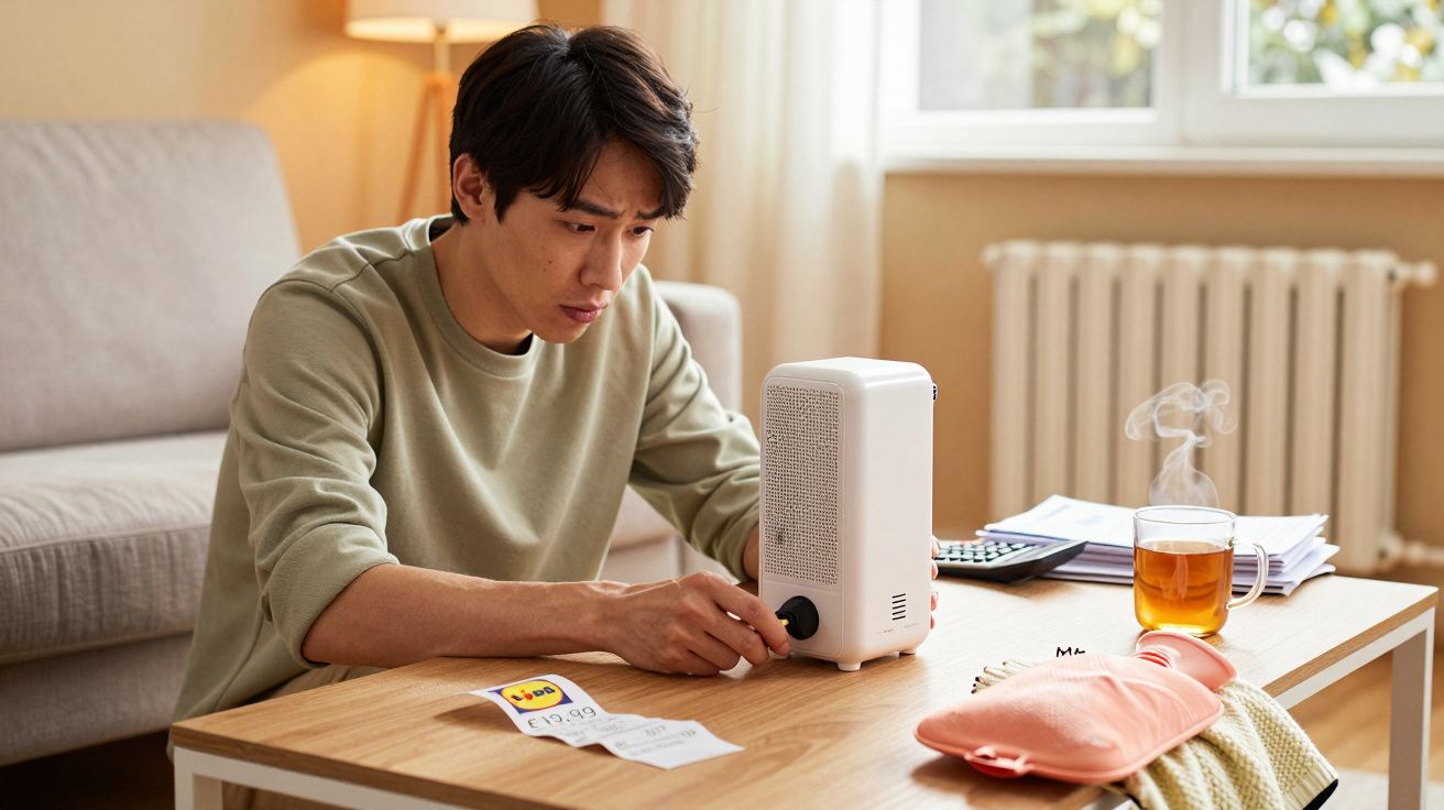 Homem ajusta aquecedor portátil numa mesa com chá fumegante, bolsa de água quente e radiador ao fundo.