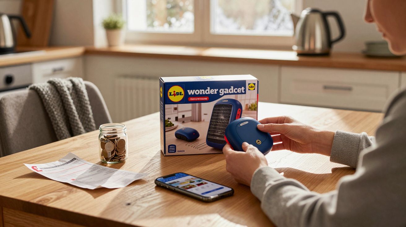 Pessoa segurando um dispositivo azul numa cozinha, com caixa do produto Lidl "wonder gadget" e telemóvel sobre a mesa.