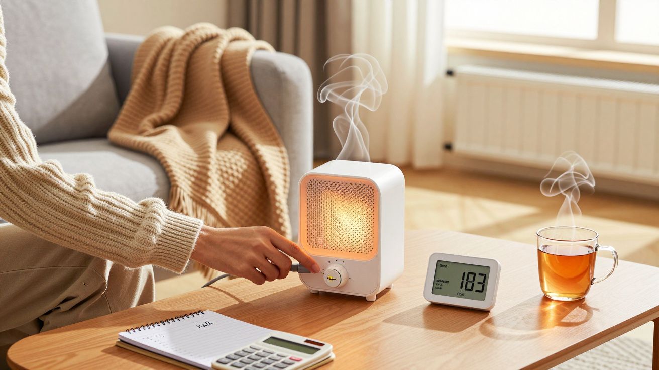 Pessoa ajusta aquecedor portátil numa mesa com chá fumegante, bloco de notas, calculadora e termómetro digital.