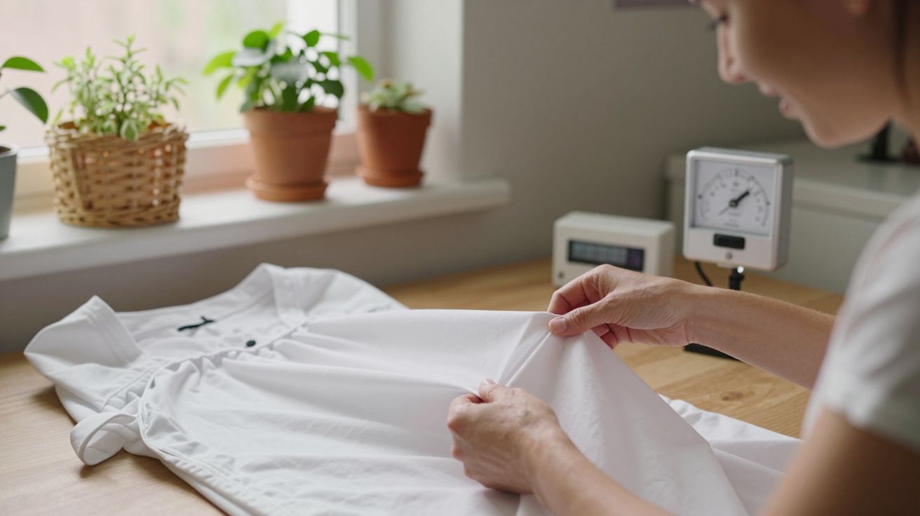 Pessoa dobrando camisa branca numa mesa perto de plantas em vasos e relógio.