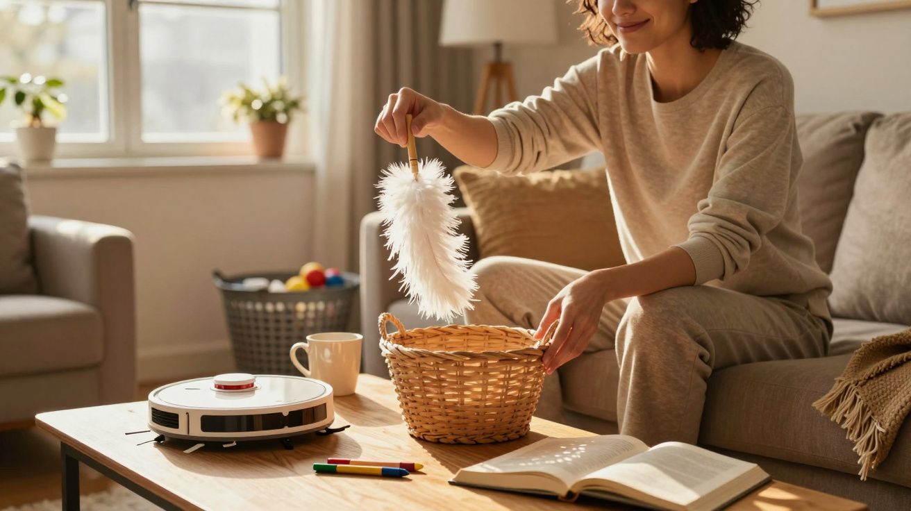 Mulher a limpar com espanador numa sala clara, com robô aspirador, cesto em mesa e livro aberto.