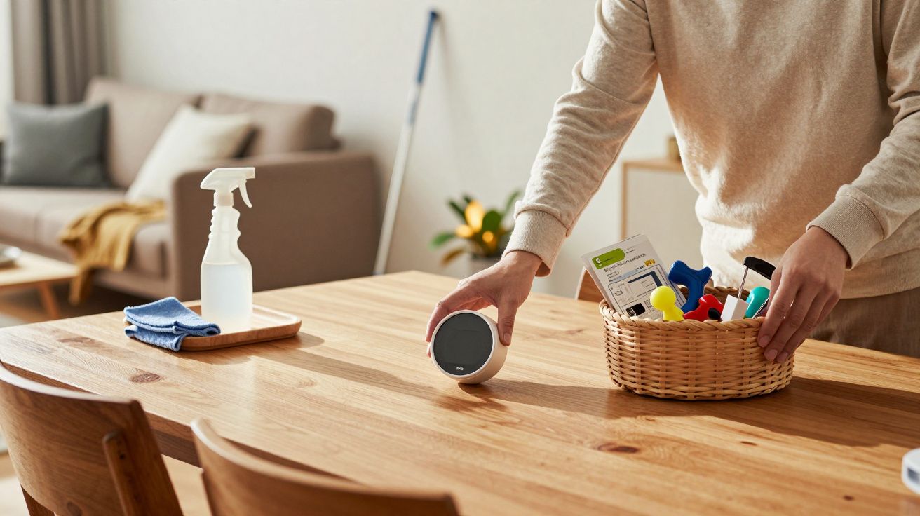 Pessoa arruma cesta de produtos de limpeza numa mesa de madeira, com spray e panos ao lado.