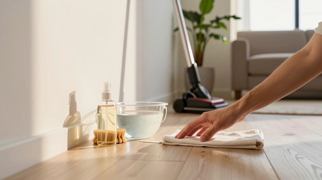 Pessoa a limpar o chão de madeira com um pano, produtos de limpeza ao lado e aspirador ao fundo.