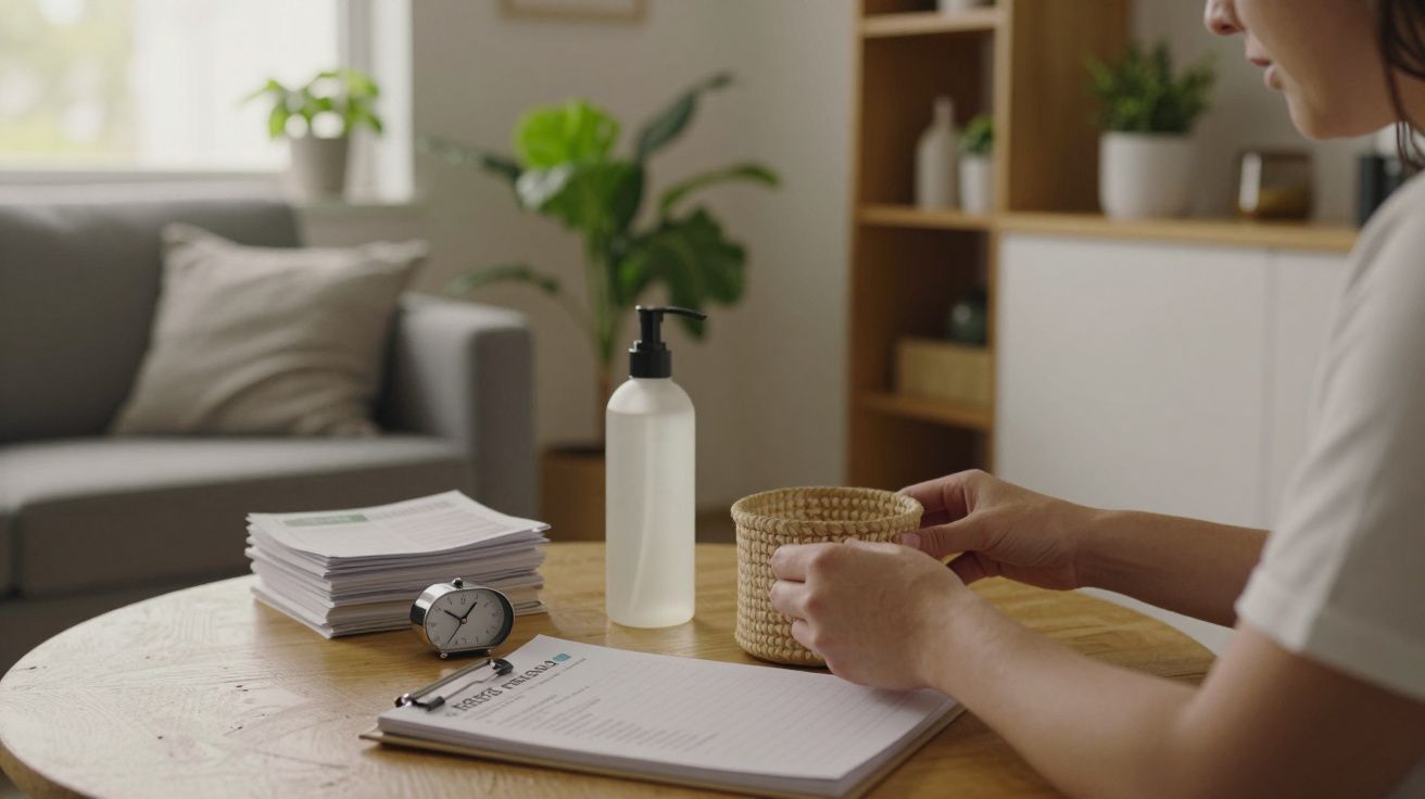 Mulher arruma um cesto numa mesa com documentos, relógio e dispensador de sabonete, sala de estar ao fundo.