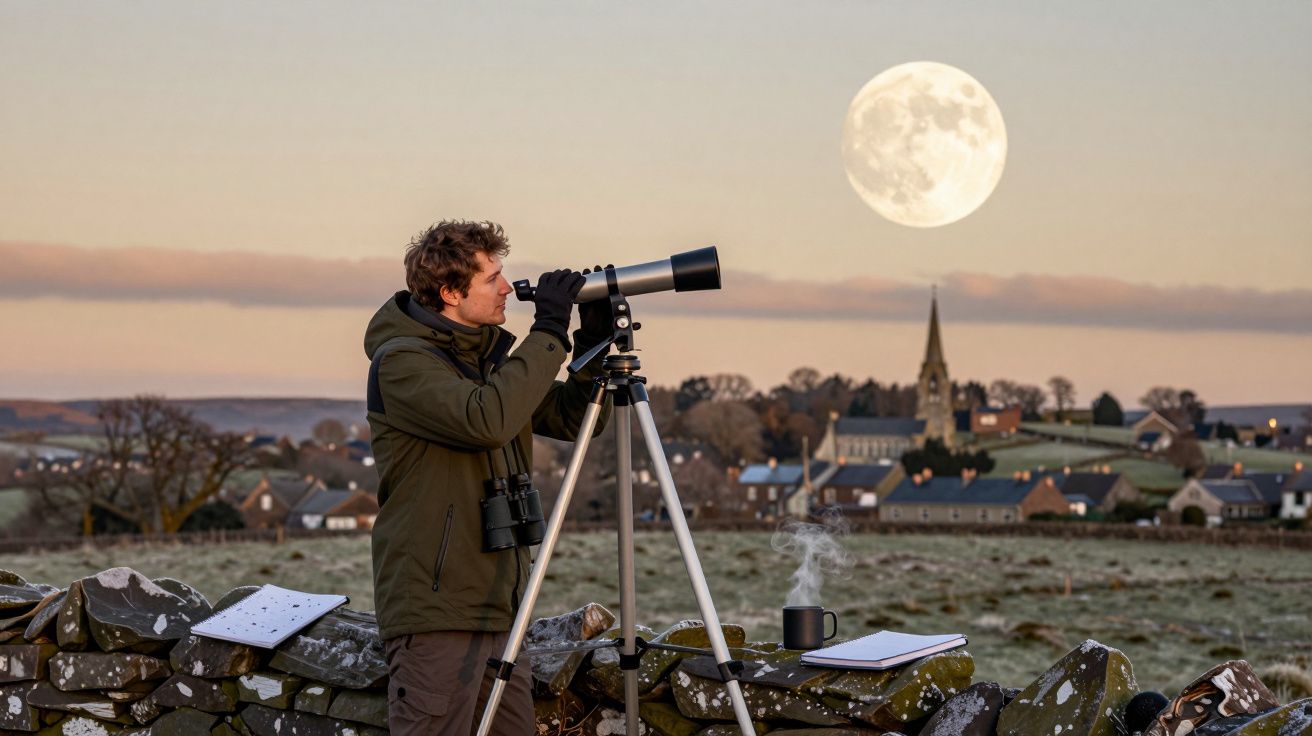 Homem observa a lua com telescópio num campo, perto de uma aldeia com igreja ao fundo, ao amanhecer.