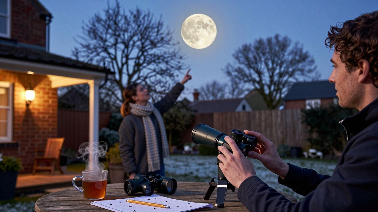 Homem usa telescópio enquanto mulher aponta para a lua cheia no jardim de uma casa à noite.