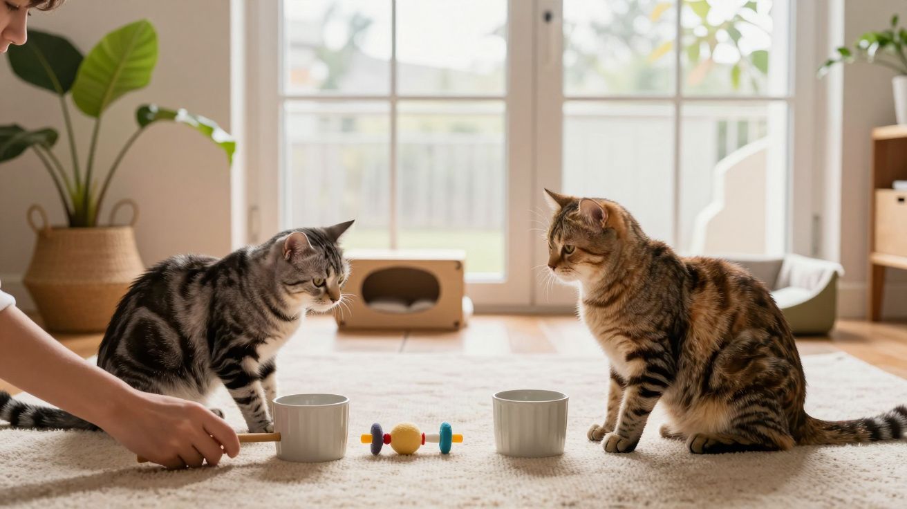 Dois gatos observam um truque de copos feito por uma pessoa numa sala iluminada, com plantas ao fundo.
