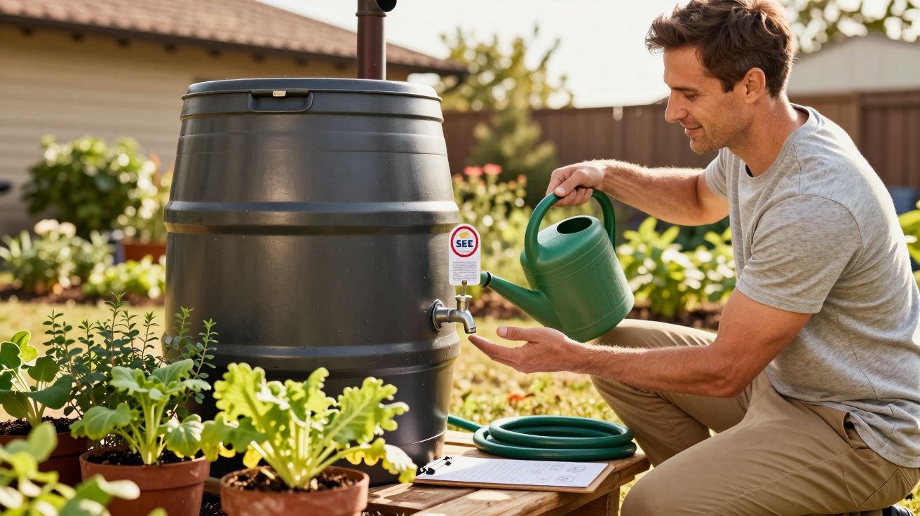 Homem a encher regador com água de um barril num jardim, rodeado de plantas em vasos.